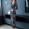 Long-sleeved V-neck long temperament slim banquet dress  