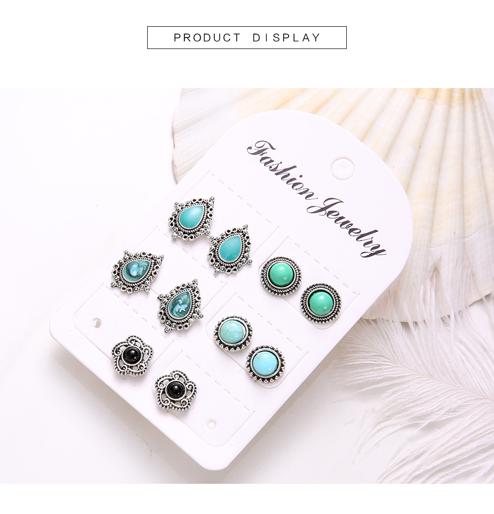 New 5 Pairs Set Earrings European And American Fashion Retro Dazzling Turquoise Gem Earrings Set display picture 3