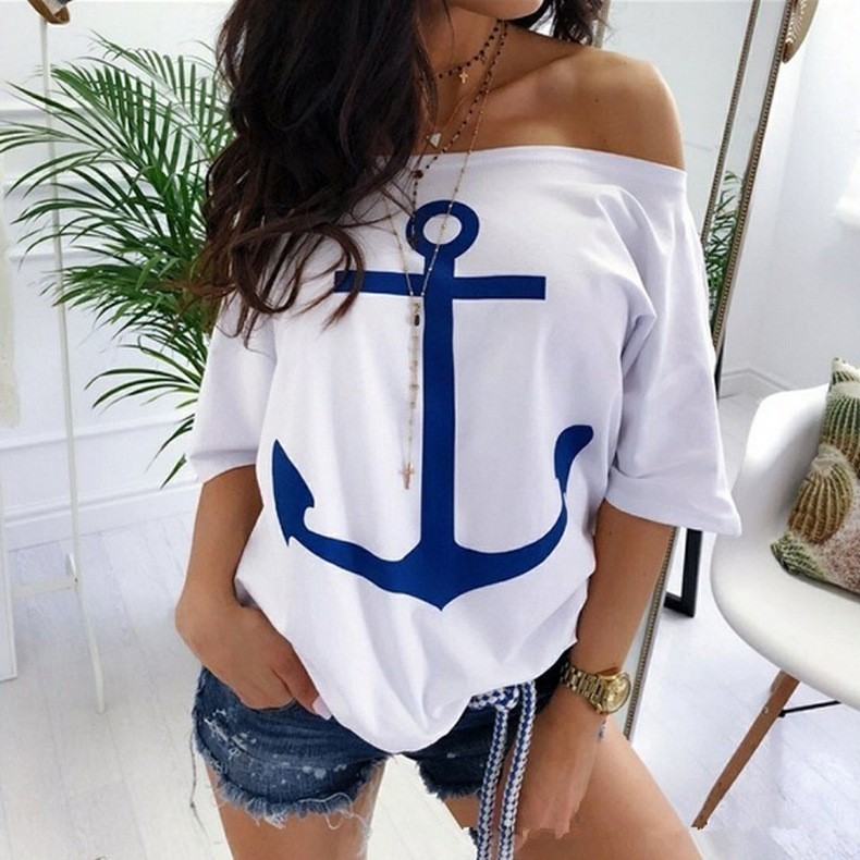 new loose one-shoulder bat shirt printed T-shirt NSKX6221