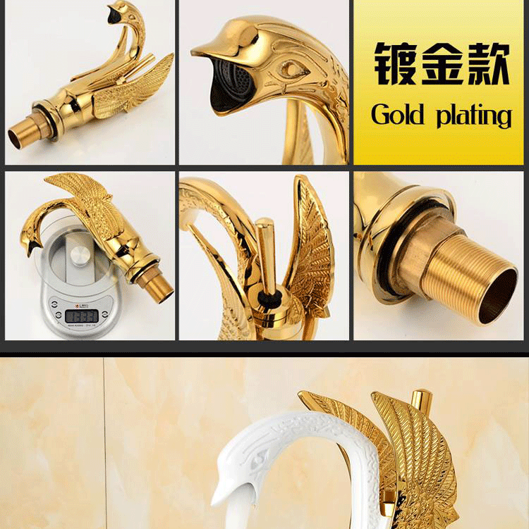 European-style antique faucet, swan hot and cold washbasin faucet, retro all-copper underfloor basin, golden faucet Item Picture