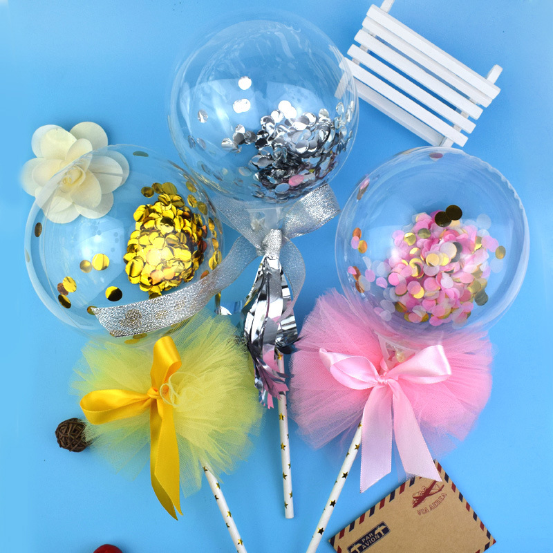 蛋糕气球生日派对甜品蛋糕装饰彩色纸屑气球亮片托杆波波球球5寸