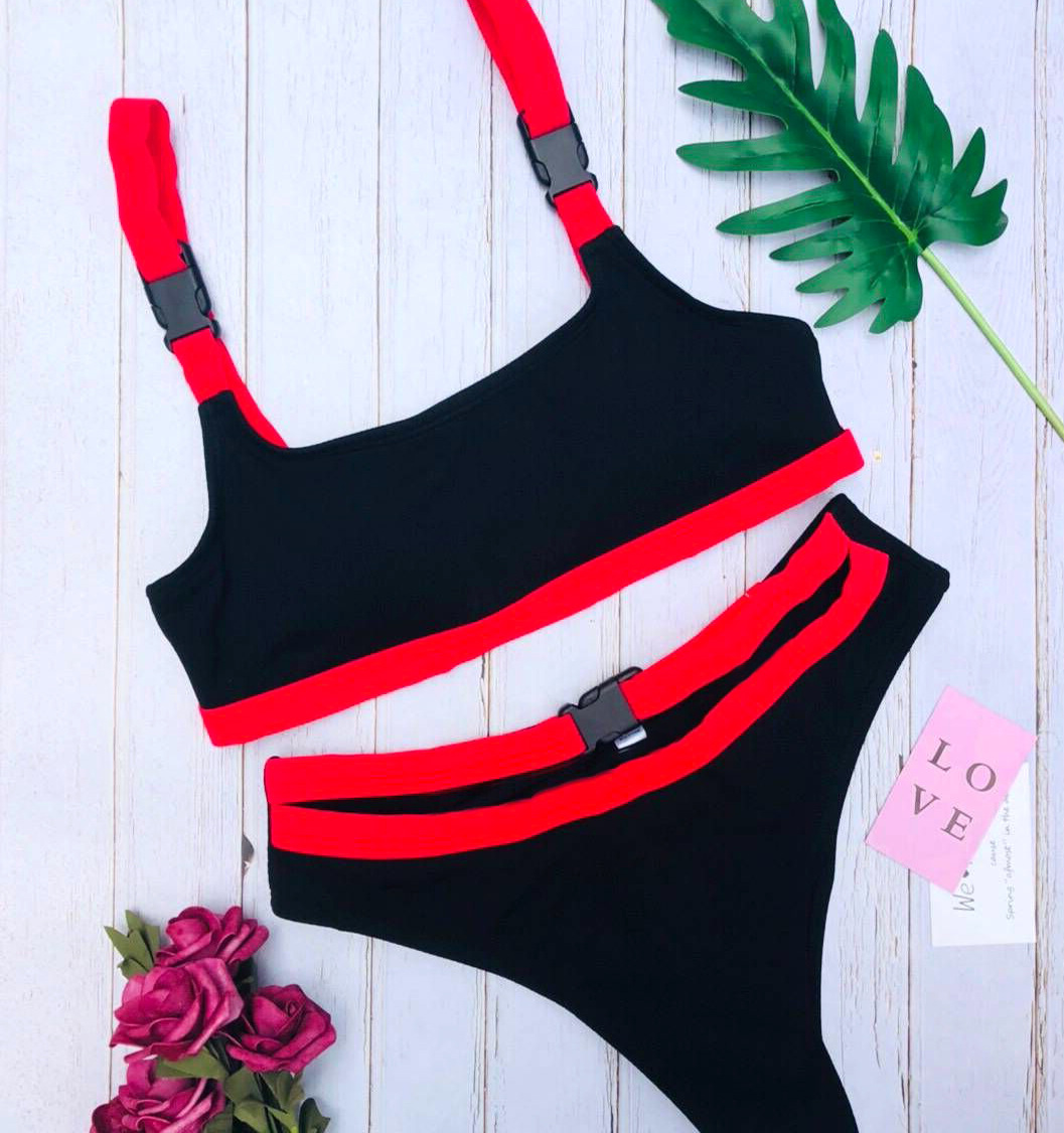 Color Matching Buckle Bikini Split 2 Piece Set Swimsuit NSCMB98657