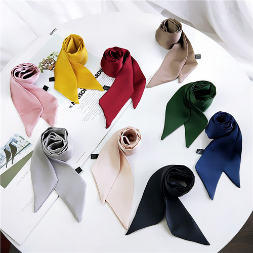 Solid Color Small Silk Scarf Women's Spring Autumn and Summer Bag Wrap Handle Ribbon Versatile Small Wrist Streamer New Style