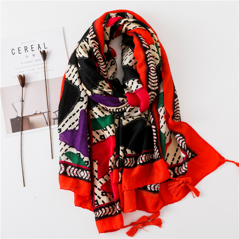 Sun Shawl Women Summer National Style Cotton And Linen Silk Scarf Printing Tassel Tulle Travel Beach Towel Sunshade Scarf display picture 63