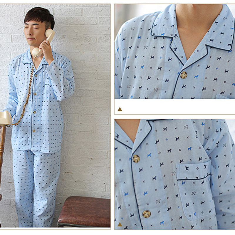 男士纯棉纱布家居服 小狗经典长袖长裤睡衣套装 空调房全棉睡衣|ru