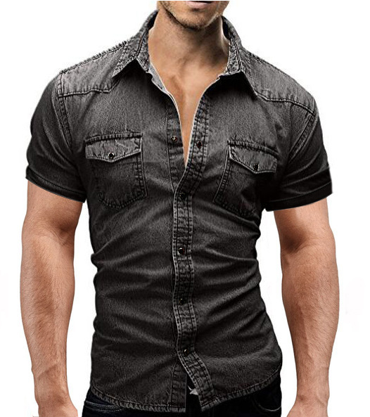 Camicia di jeans uomo a maniche corte stile europeo estiva_voghion.com