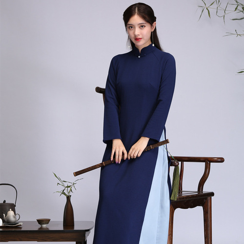 Navy Chinese style qipao dress oriental classical dance cheongsam hanfu zen dress female stand-up collar miss etiquette cheongsam Ao Dai tea dress