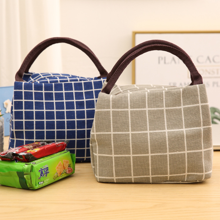 2018新品时尚保温包棉麻网格多色冰包保温保冷收纳白领带饭野餐包|ms
