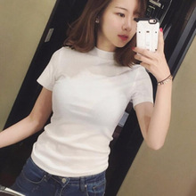 2021夏季精品韩版t恤女修身半高领短袖简约打底衫女纯色工厂直销