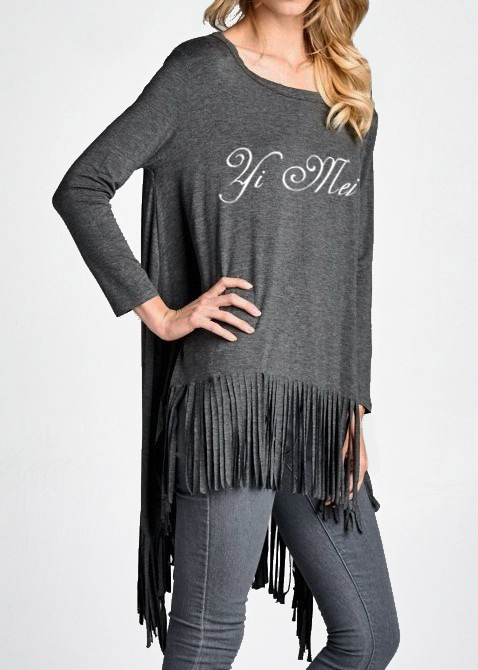 Womens Long Sleeve Irregular Hem T Shirt Spring Collection Fringe Detail Casual Style Wholesale Available