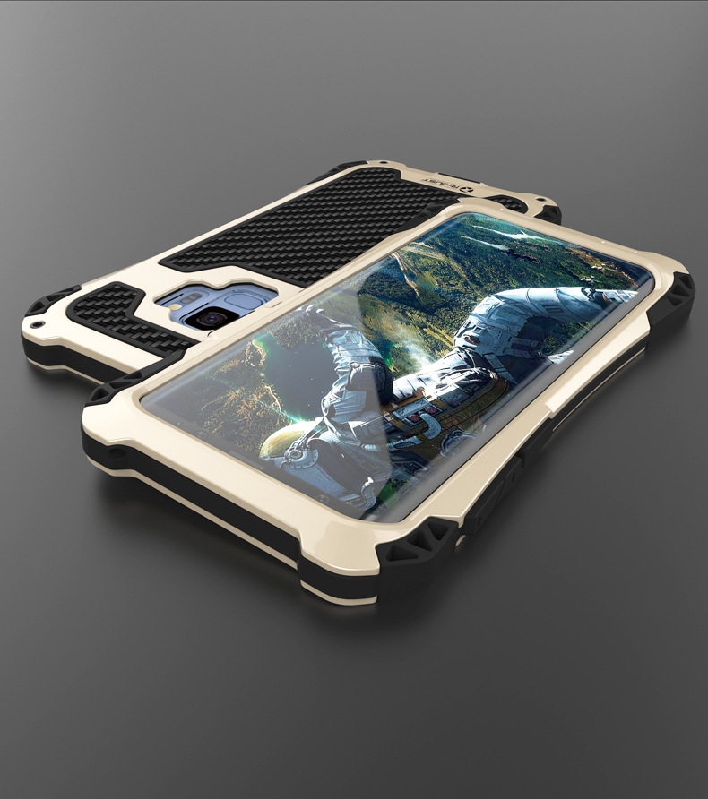 R-Just Amira Heavy Duty Dirtproof Shockproof Rainproof Aluminum Metal Bumper Carbon Fiber Back Cover Case for Samsung Galaxy S9 Plus & S9