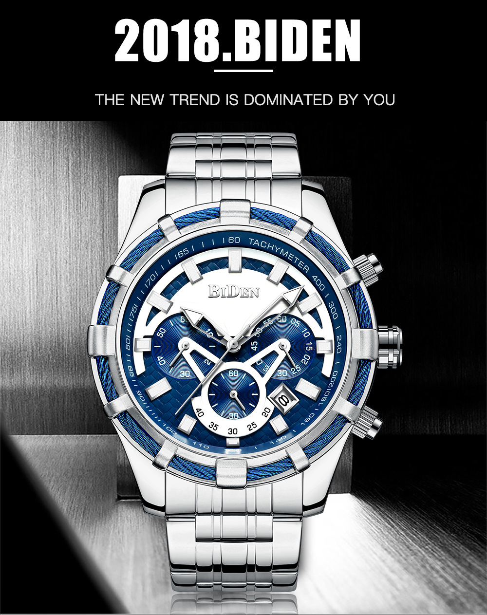 New Watch BIDEN Men's Watch Cool, Sports, Trendy, and Fashionable Steel Band Multi Functional Six Needle Quartz Watch_voghion.com