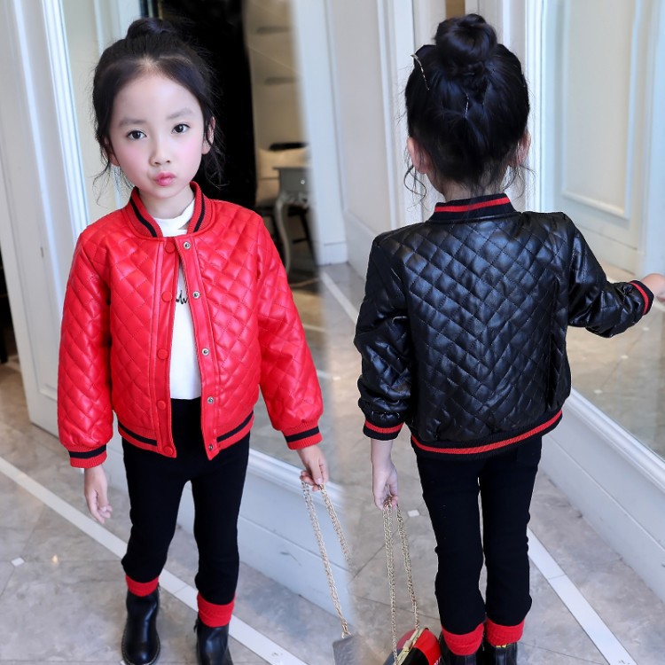 童皮衣新款童装女童PU皮外套2018春季上衣中大童夹克衫棒球服皮衣