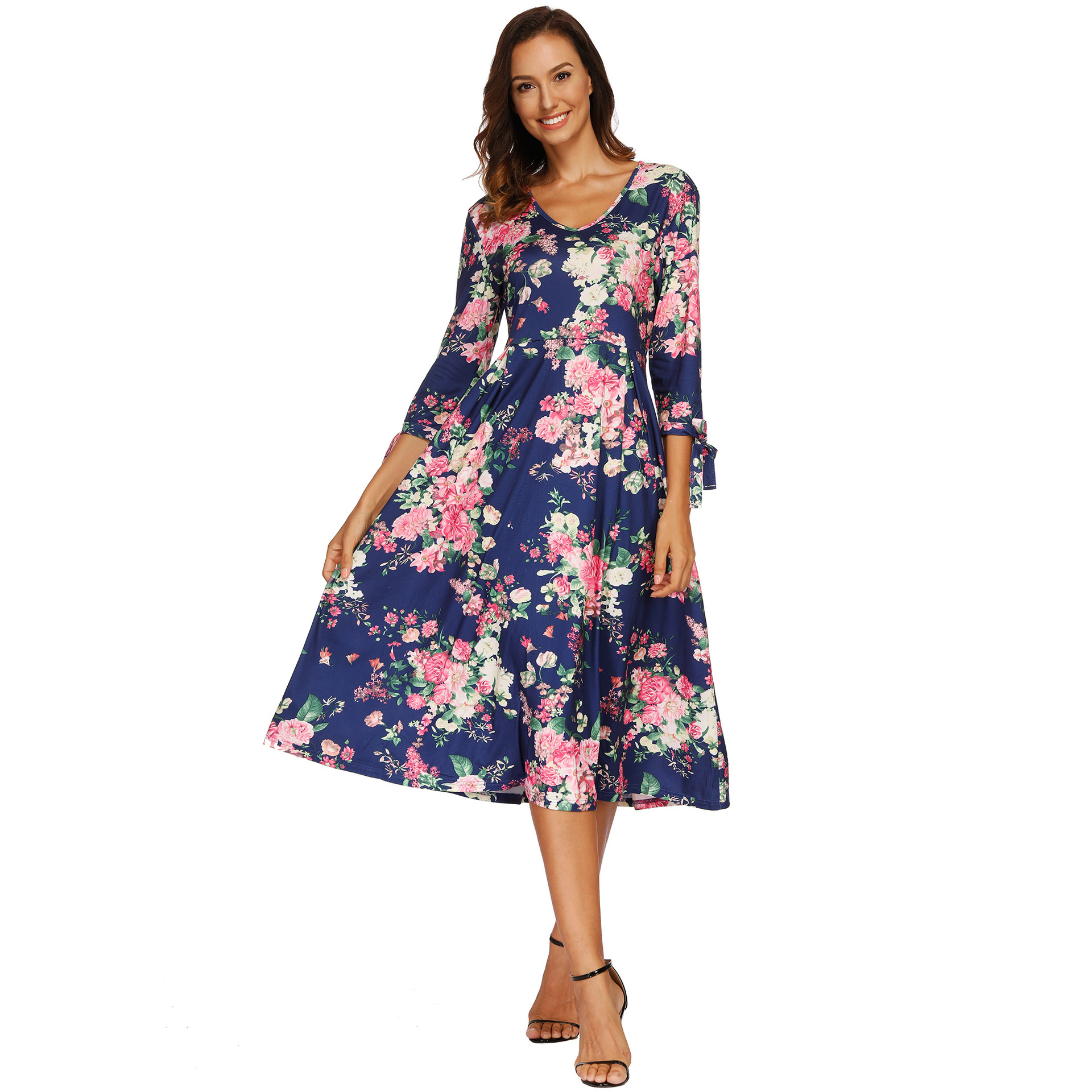 Autumn and winter new V-neck flower print big swing dress NSOY28478