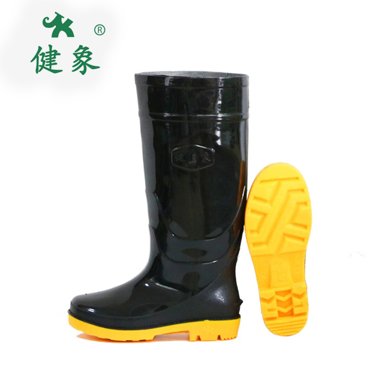 廠家直供健象703黑色黃底耐酸堿高筒工地勞保雨鞋雨靴