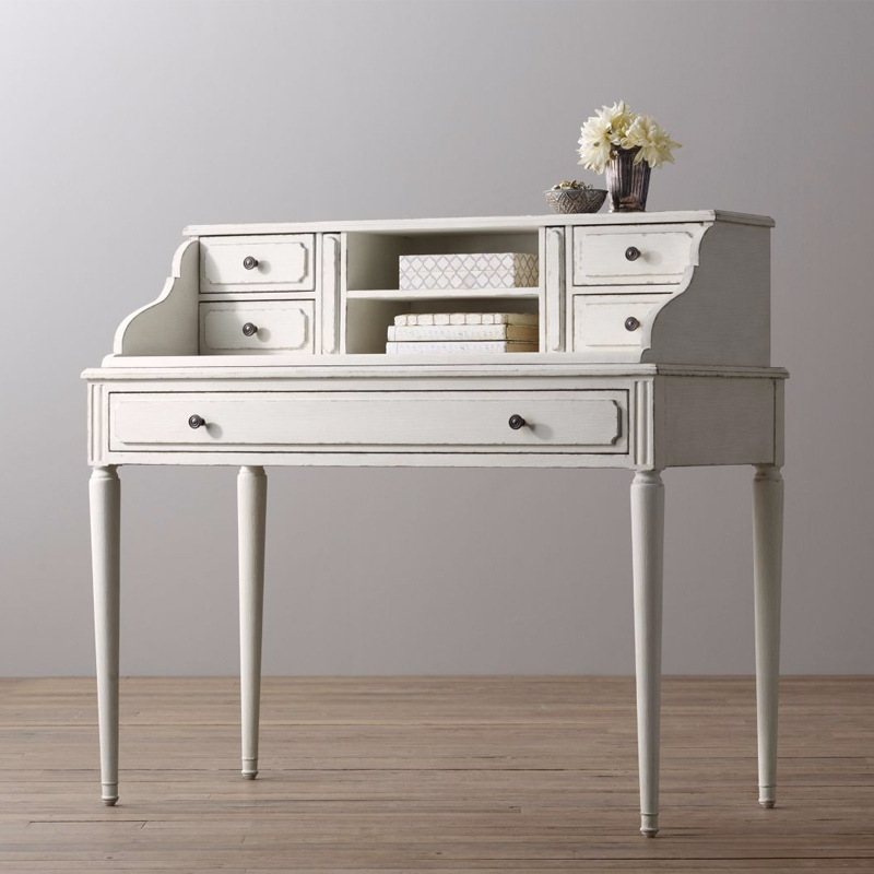 American Style Solid Wood Small Desk White Office Desk Student Writing Desk Bedroom Dressing Table French Style Retro Old Desk