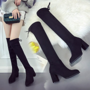 2018秋冬款后系带长筒靴子女粗跟绒面过膝长靴高跟显瘦休闲骑士靴