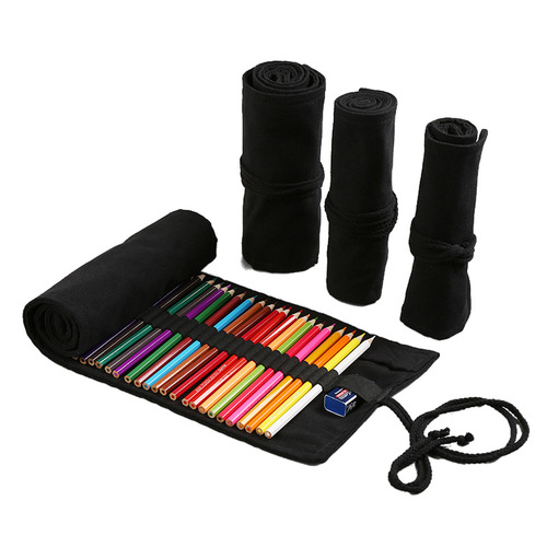 Pure black handmade canvas pencil bag 12 24 36 48 72 holes large capacity boys and girls sketch color pencil curtain