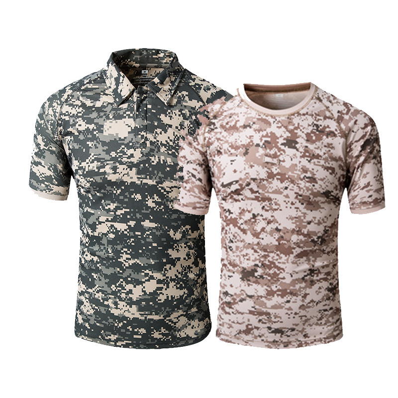 批发男士户外迷彩短袖战术速干T恤男 夏季圆领翻领快干衣 男式t恤