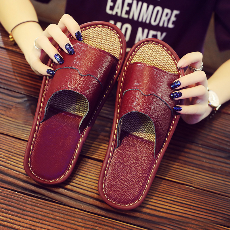 Summer Men's and Women's Indoor Household Couple's Sandals and Slippers Soft Bottom Wood Floor Silent Leather Slippers Summer