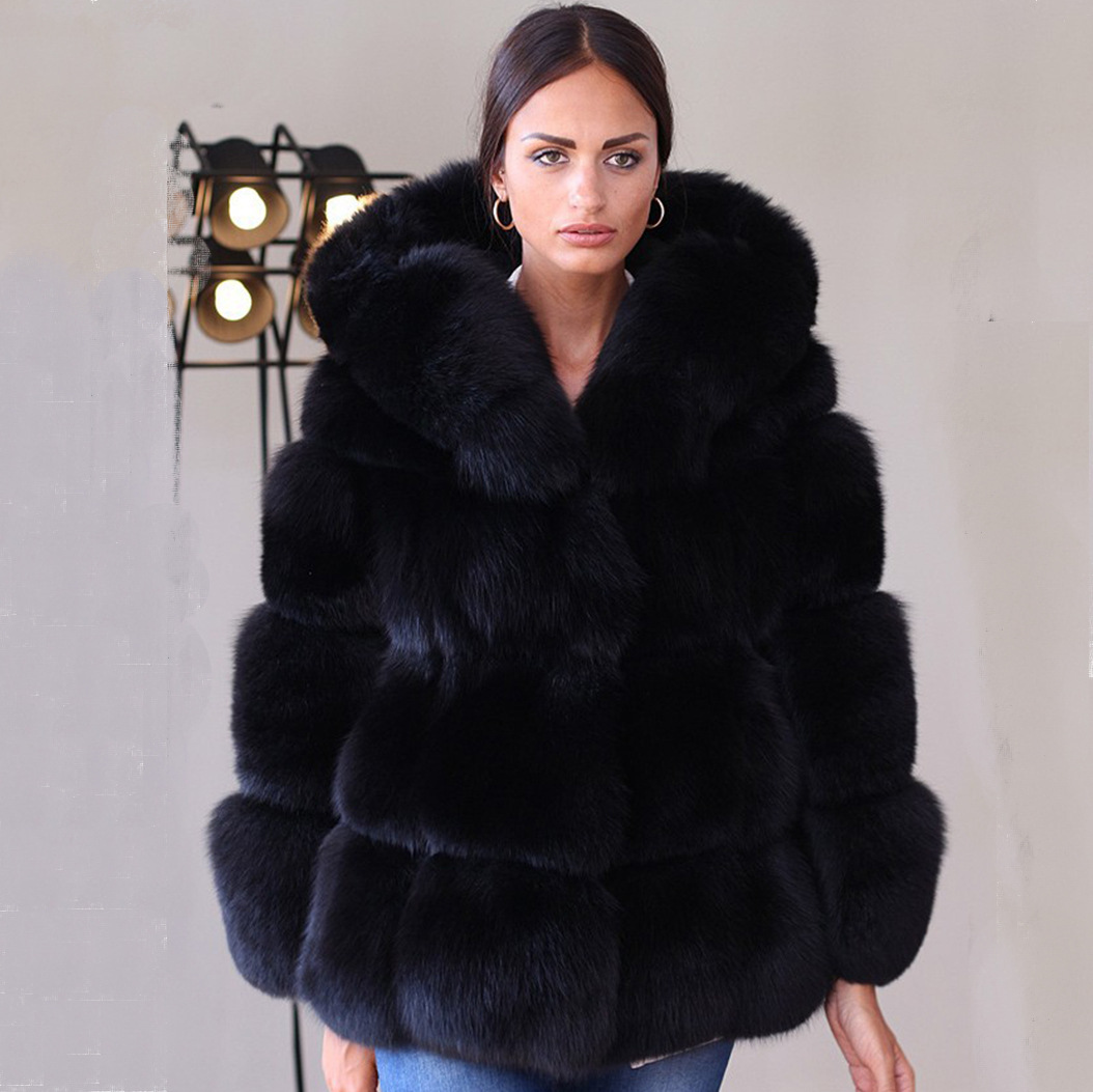 2018 new pattern Fleece leather and fur coat Mid length version Fox leather and fur coat Silver fox overcoat Hooded