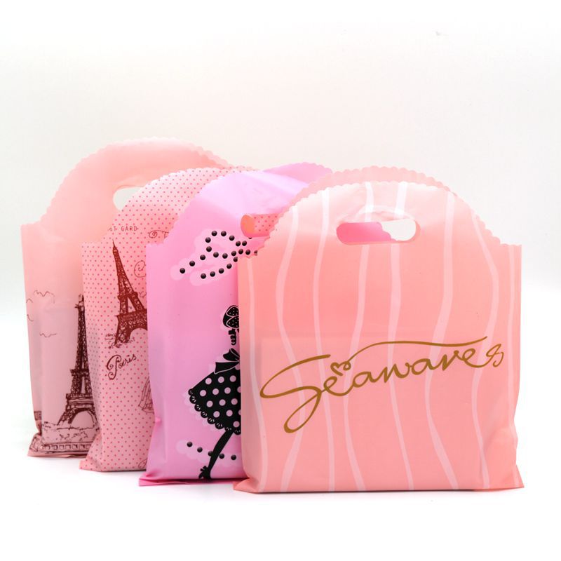 批发粉色花边礼品袋手提包装pe袋 购物彩妆护肤品女装塑料袋子