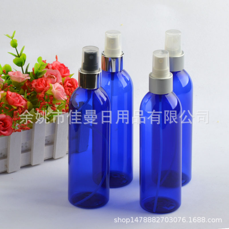 厂家直销PET塑料细雾按压瓶250ml毫升蓝色圆肩电化铝喷雾瓶空瓶