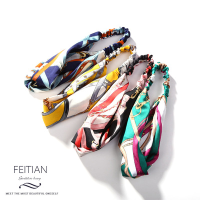 韓國新款發飾 簡約時尚針織彩色鏈條交叉包扣彈力寬邊發帶女 頭箍