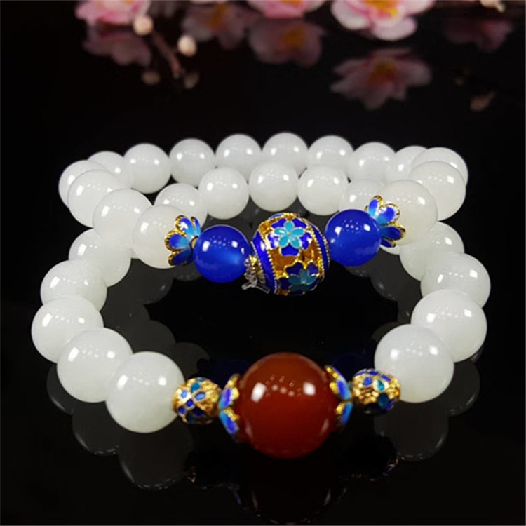 厂家直销 天然和田玉白玉手链+景泰蓝配饰 简单时尚款女士手链