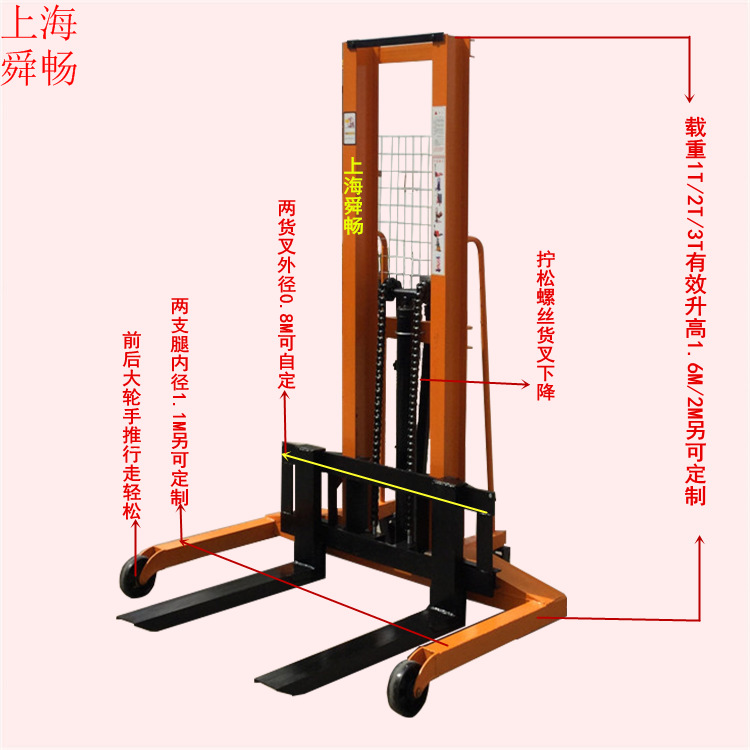 供应支腿内宽1100MM手动堆高车 宽腿式手动液压升高堆垛机