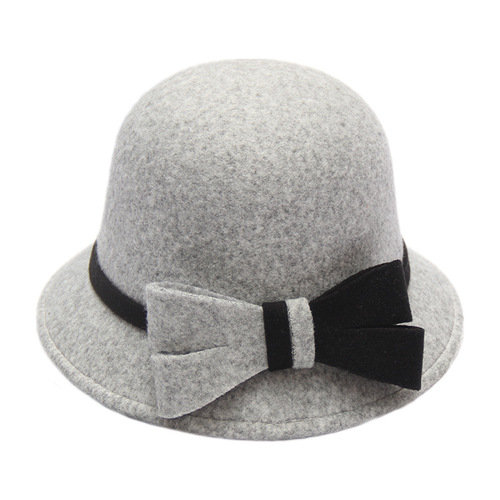 Korean style autumn and winter women's woolen hat two-color large bow basin hat dome elegant temperament felt hat top hat