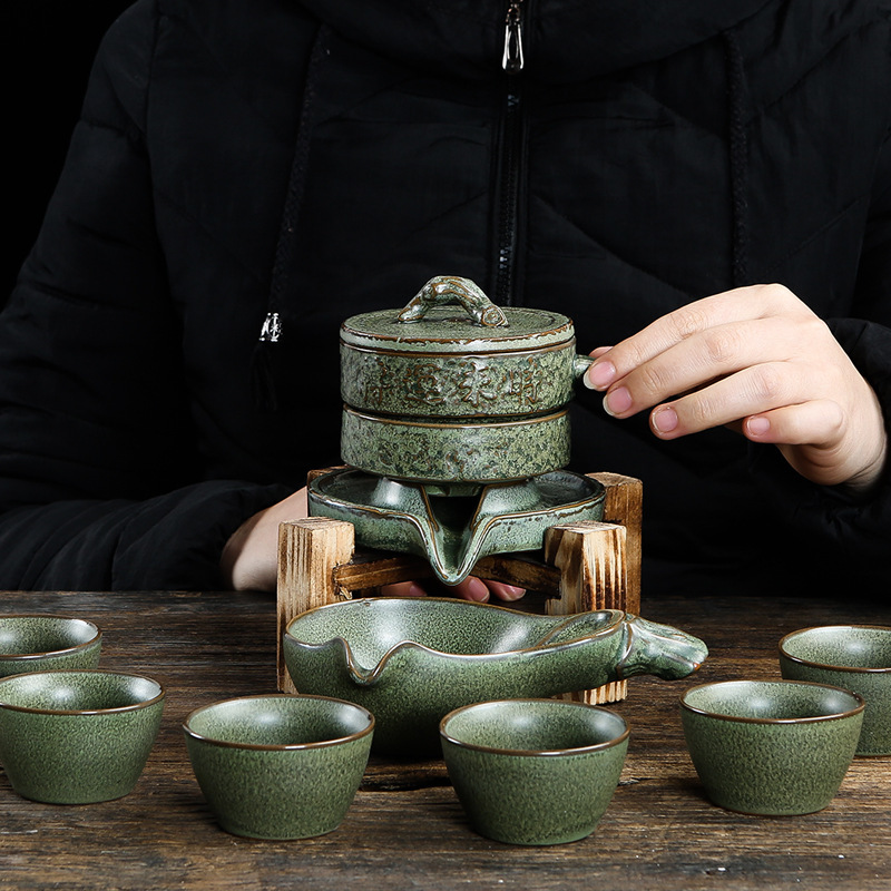 LOGO定制时来运转陶瓷器 功夫冲泡茶具 创意石磨半全自动懒人套装