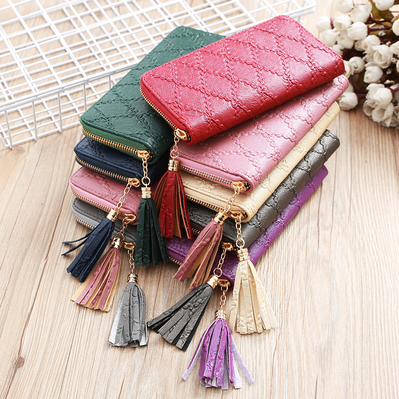 Business Occasion Solid Color Pattern Korean New Ladies Fashion Tassel Rhombus Embossed Wallet