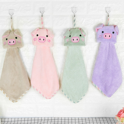 小猪创意款超细纤维手巾卡通擦吸水不掉毛珊瑚绒挂式擦手毛巾批发