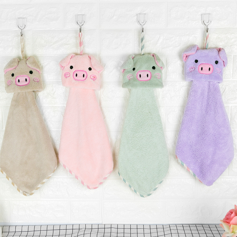 小猪创意款超细纤维手巾卡通擦吸水不掉毛珊瑚绒挂式擦手毛巾批发