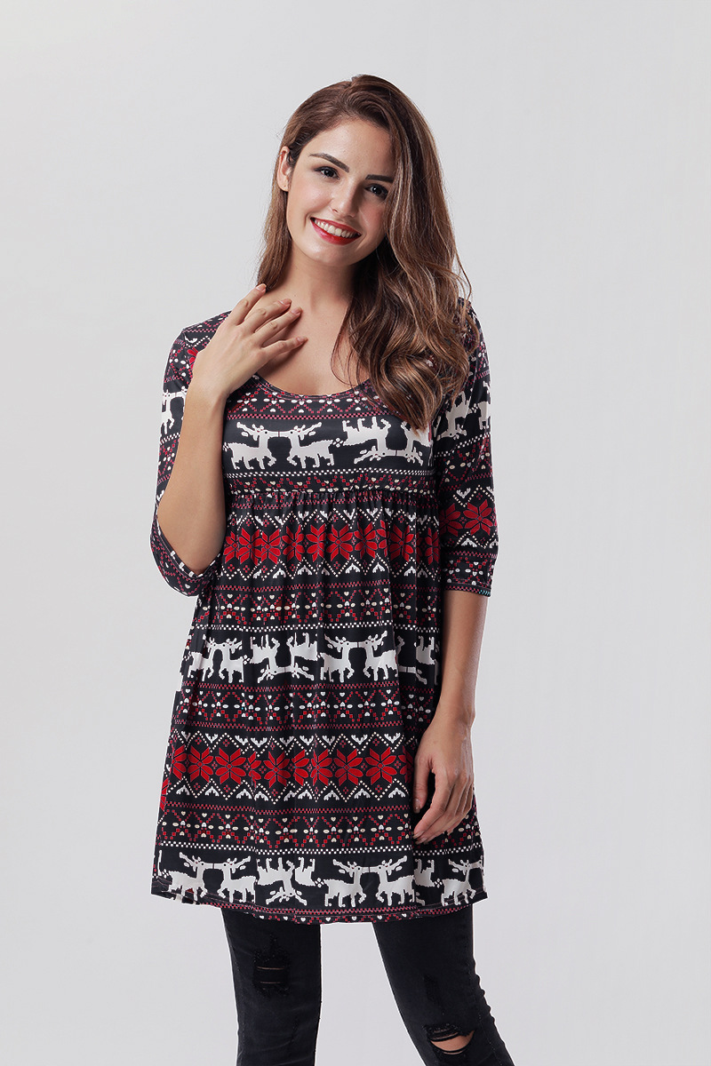 Christmas Reindeer Print Dress 3 4 Sleeve A Line Silhouette Comfortable Fabric Casual Holiday Wear Wholesale