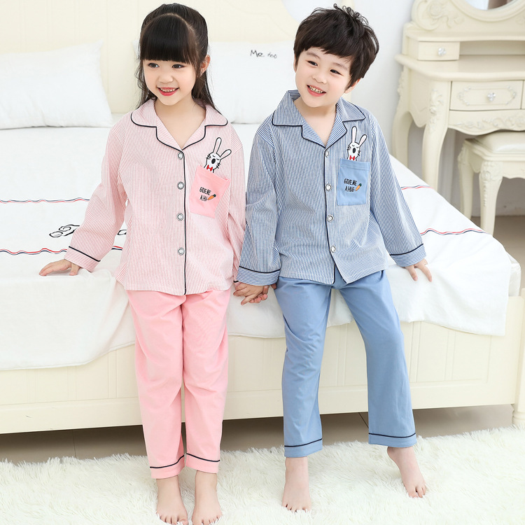 春秋季新款儿童男女孩长袖纯棉睡衣开衫翻领宝宝家居服套装多花型