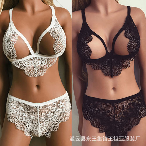 Sexy lingerie Amazon, AliExpress foreign trade sexy breast-revealing three-point bra, tempting split lace-up