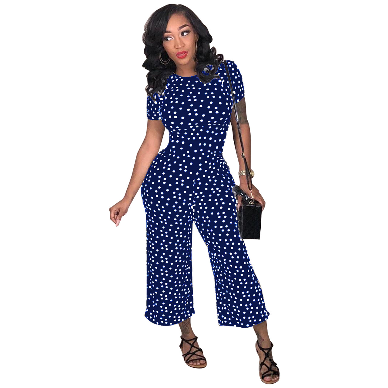 Classic Sexy Polka Dot Round Neck Wide Leg Cropped Pants