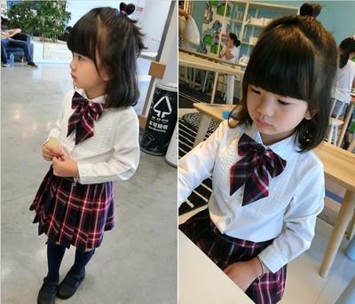 2018新款韓版春秋裝女童襯衣翻領純色淑女襯衫短裙兩件套