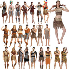Halloween costume as adult wild men, dressed as male and female native Africans, primitive Indians, leopard print suits.