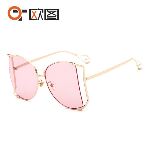 1845 European and American trend large frame pearl sunglasses women's fashion colorful metal hollow cross-border sunglasses glasses