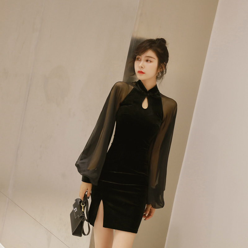 改良旗袍2020秋装新款女装透视灯笼袖丝绒包臀连衣裙一件代发1502