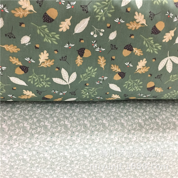 批发供应 纯棉斜纹布料 全棉绿色底松果树叶小碎花 手工DIY面料