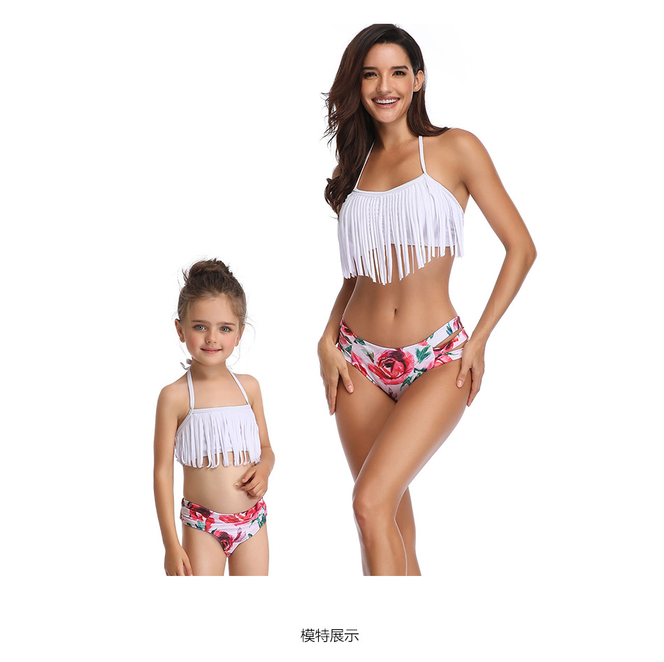 print tassel hanging neck lace-up parent-child Tankini set NSHYU121341