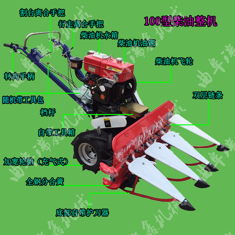 、特点：小型、手扶、自走式功能：收割、侧向成排铺放