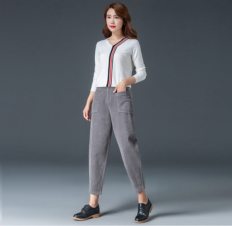Quần harem nữ nhung tăm mùa thu dáng cà rốt ống rộng 9 phần — Màu đen chi tiết 19