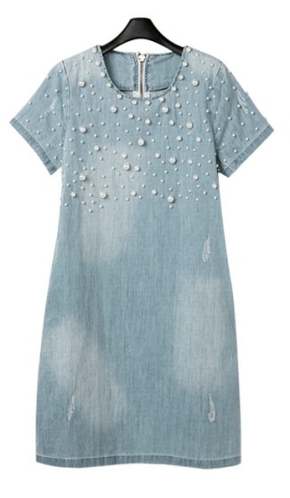 Summer Loose Short Sleeve A-line Washed Denim Pin Bead Dress