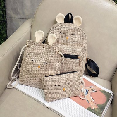 Korean Edition Cartoon lovely Solid Cotton linen rabbit Backpack Spring Three-piece Suite Simplicity Picture Bag