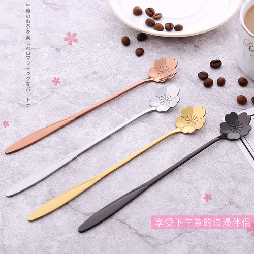 Stainless steel long-handled mixing spoon, creative coffee spoon, Internet celebrity cherry blossom spoon, heart-shaped tableware spoon
